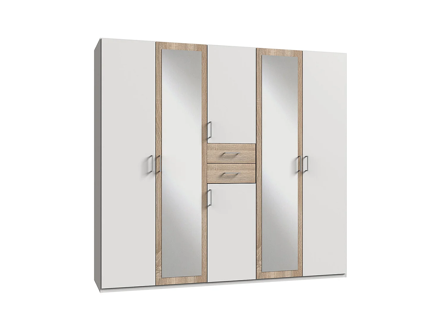 Armoire Placard, meuble de rangement avec 2 miroirs coloris Blanc, rechampis imitation chêne - Longueur  225 x Hauteur 208  x Profondeur 58 cm