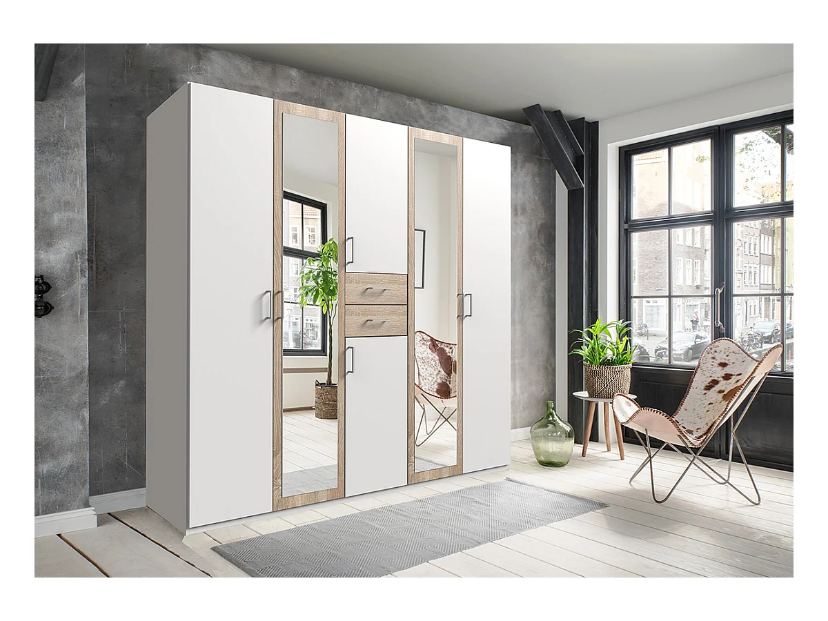 Armoire Placard, meuble de rangement avec 2 miroirs coloris Blanc, rechampis imitation chêne - Longueur  225 x Hauteur 208  x Profondeur 58 cm