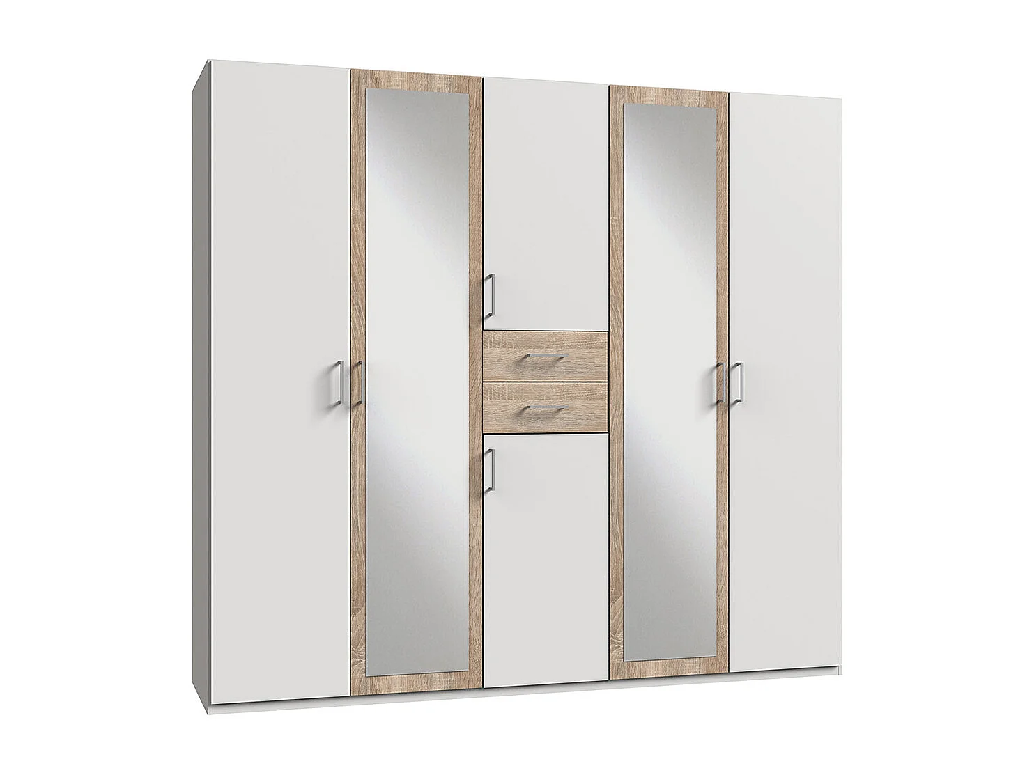 Armoire Placard, meuble de rangement avec 2 miroirs coloris Blanc, rechampis imitation chêne - Longueur  225 x Hauteur 208  x Profondeur 58 cm