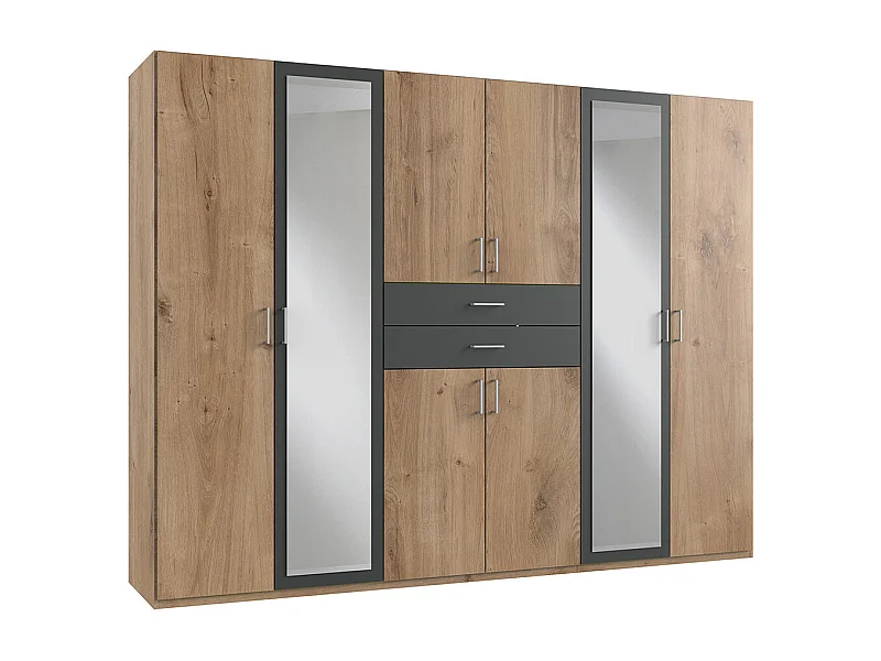 Armoire Placard, meuble de rangement avec 2 miroirs coloris Imitation chêne poutre, rechampis graphite -  Longueur  270 x Hauteur 208 x Profondeur 58 cm