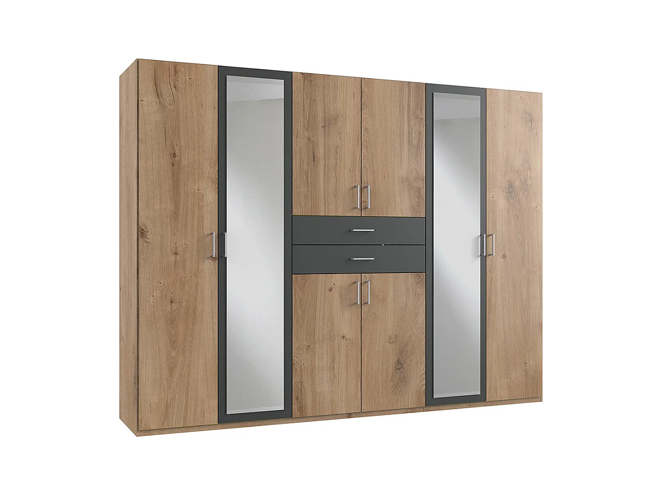Armoire Placard, meuble de rangement avec 2 miroirs coloris Imitation chêne poutre, rechampis graphite -  Longueur  270 x Hauteur 208 x Profondeur 58 cm