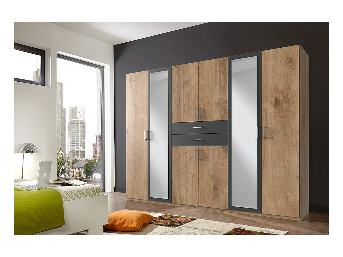 Armoire Placard, meuble de rangement avec 2 miroirs coloris Imitation chêne poutre, rechampis graphite -  Longueur  270 x Hauteur 208 x Profondeur 58 cm