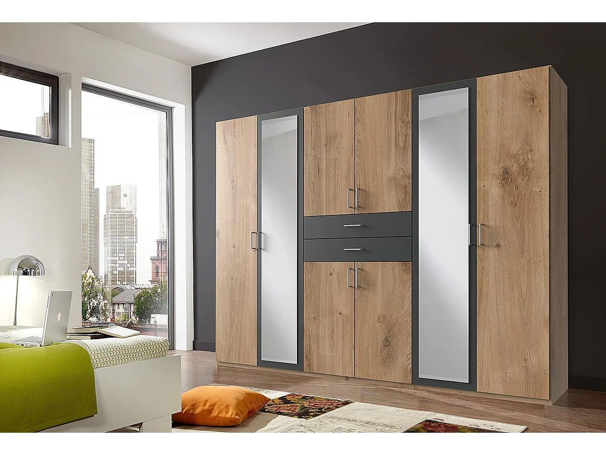 Armoire Placard, meuble de rangement avec 2 miroirs coloris Imitation chêne poutre, rechampis graphite -  Longueur  270 x Hauteur 208 x Profondeur 58 cm