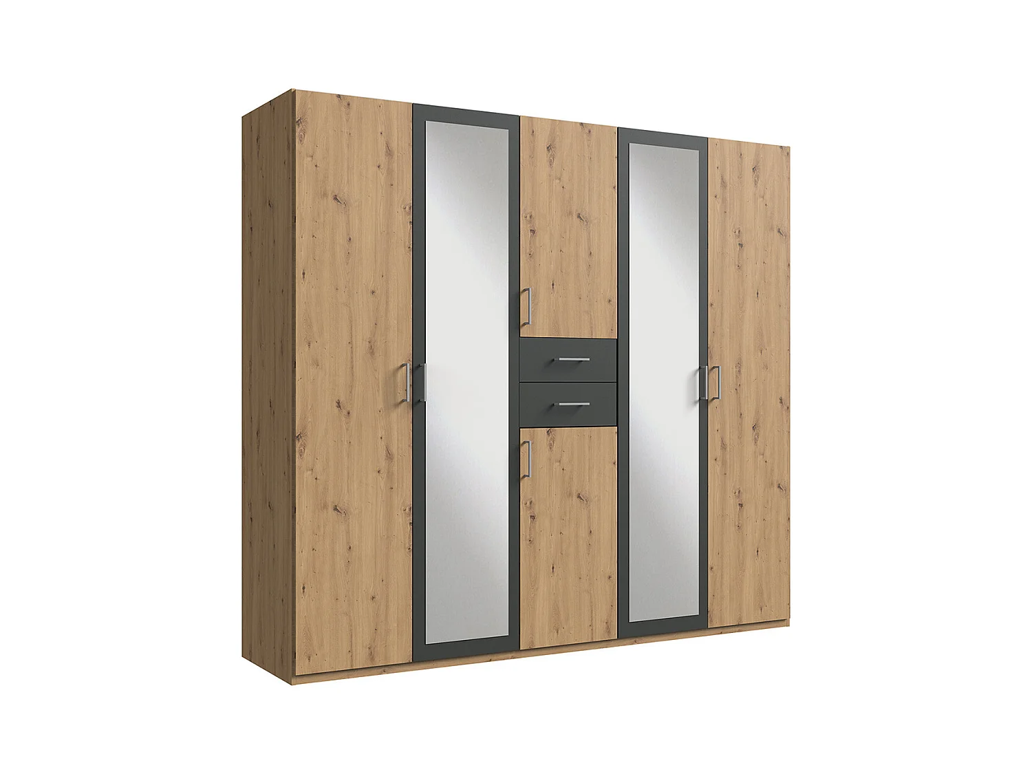 Armoire Placard, meuble de rangement avec 2 miroirs coloris Imitation chêne artisan, rechampis graphite  -  Longueur 225 x Hauteur 208  x Profondeur 58 cm