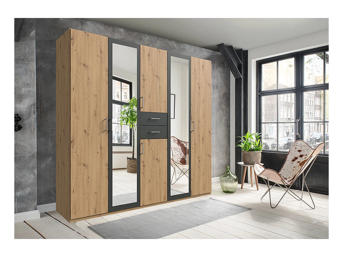 Armoire Placard, meuble de rangement avec 2 miroirs coloris Imitation chêne artisan, rechampis graphite  -  Longueur 225 x Hauteur 208  x Profondeur 58 cm