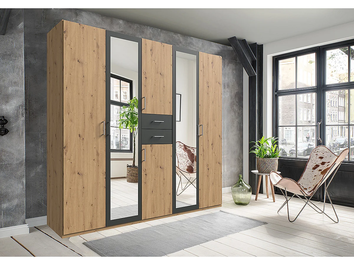 Armoire Placard, meuble de rangement avec 2 miroirs coloris Imitation chêne artisan, rechampis graphite  -  Longueur 225 x Hauteur 208  x Profondeur 58 cm