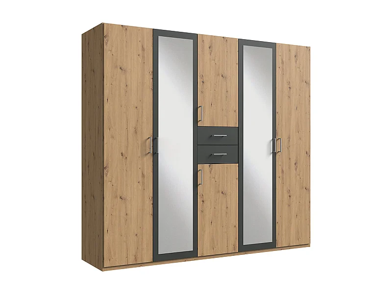 Armoire Placard, meuble de rangement avec 2 miroirs coloris Imitation chêne artisan, rechampis graphite  -  Longueur 225 x Hauteur 208  x Profondeur 58 cm