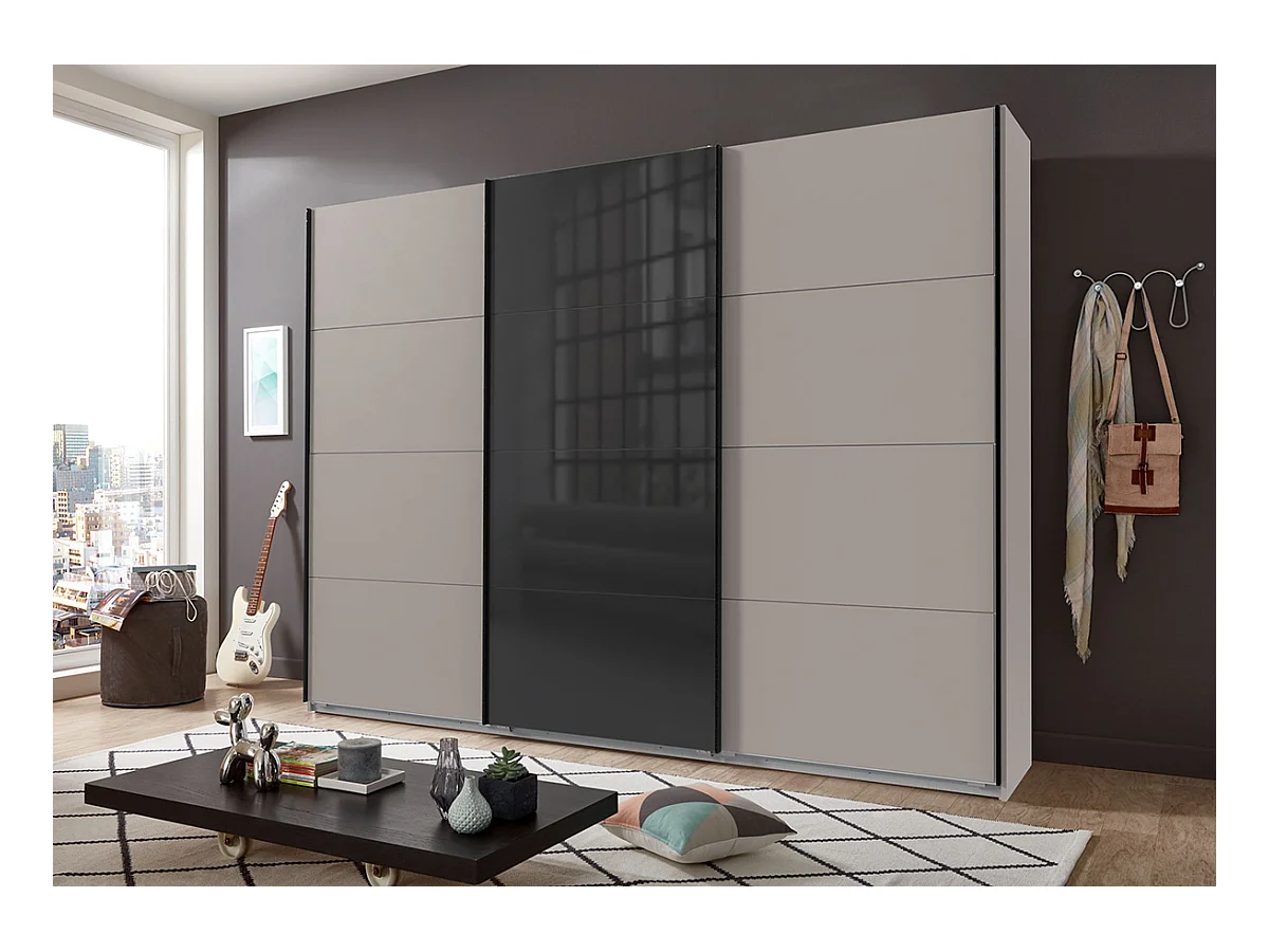 Armoire à portes coulissantes coloris Gris et verre noir, rechampis graphite - Longueur 270 x Hauteur 208 x Profondeur 65 cm