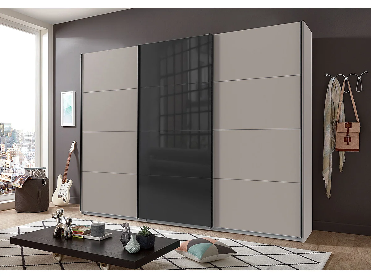 Armoire à portes coulissantes coloris Gris et verre noir, rechampis graphite - Longueur 270 x Hauteur 208 x Profondeur 65 cm