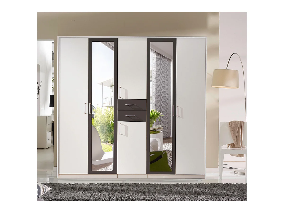 Armoire Placard, meuble de rangement avec 2 miroirs coloris Blanc, rechampis graphite - Longueur  225 x Hauteur 208  x Profondeur 58 cm