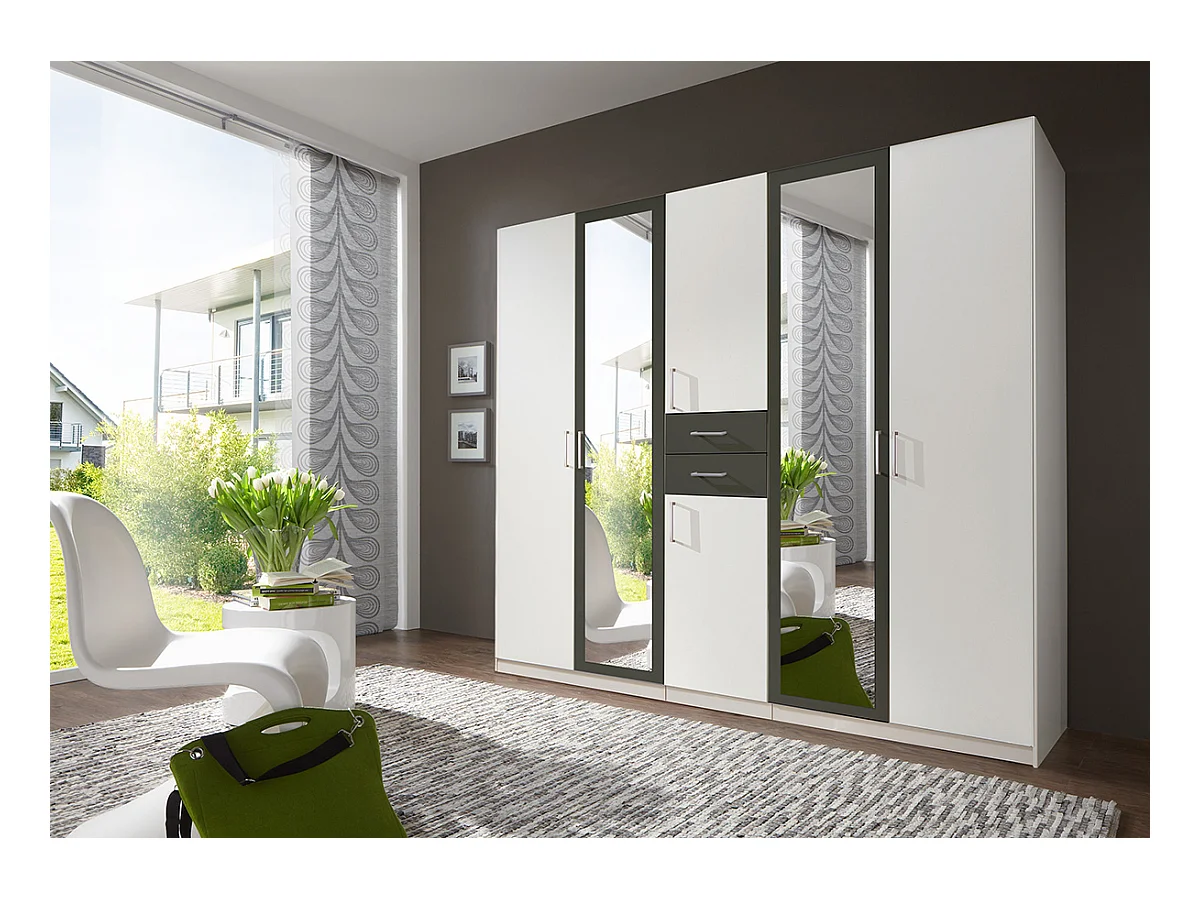 Armoire Placard, meuble de rangement avec 2 miroirs coloris Blanc, rechampis graphite - Longueur  225 x Hauteur 208  x Profondeur 58 cm