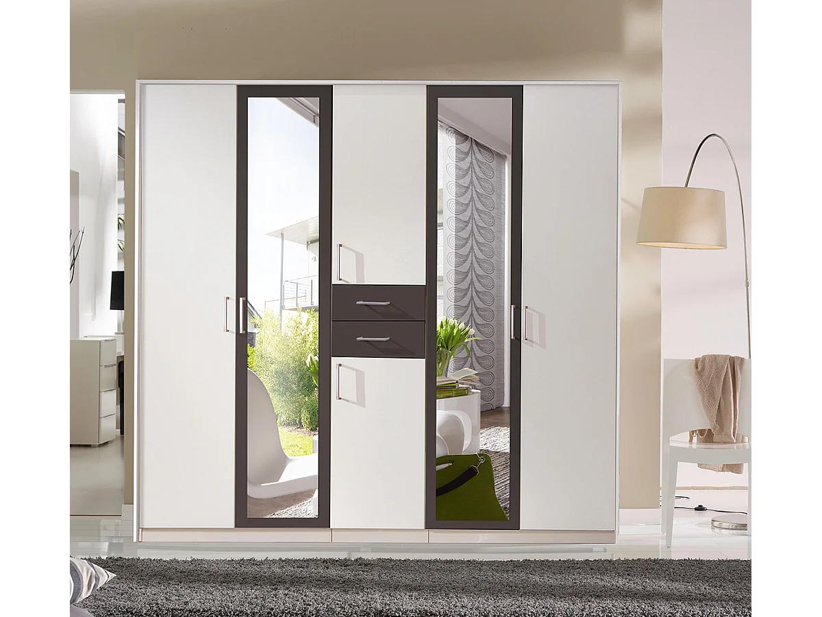 Armoire Placard, meuble de rangement avec 2 miroirs coloris Blanc, rechampis graphite - Longueur  225 x Hauteur 208  x Profondeur 58 cm
