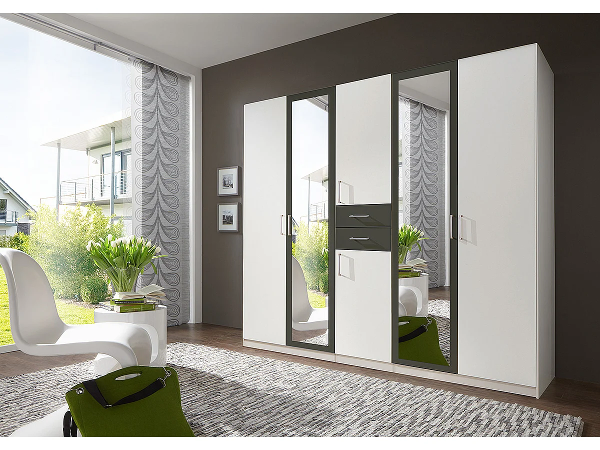 Armoire Placard, meuble de rangement avec 2 miroirs coloris Blanc, rechampis graphite - Longueur  225 x Hauteur 208  x Profondeur 58 cm