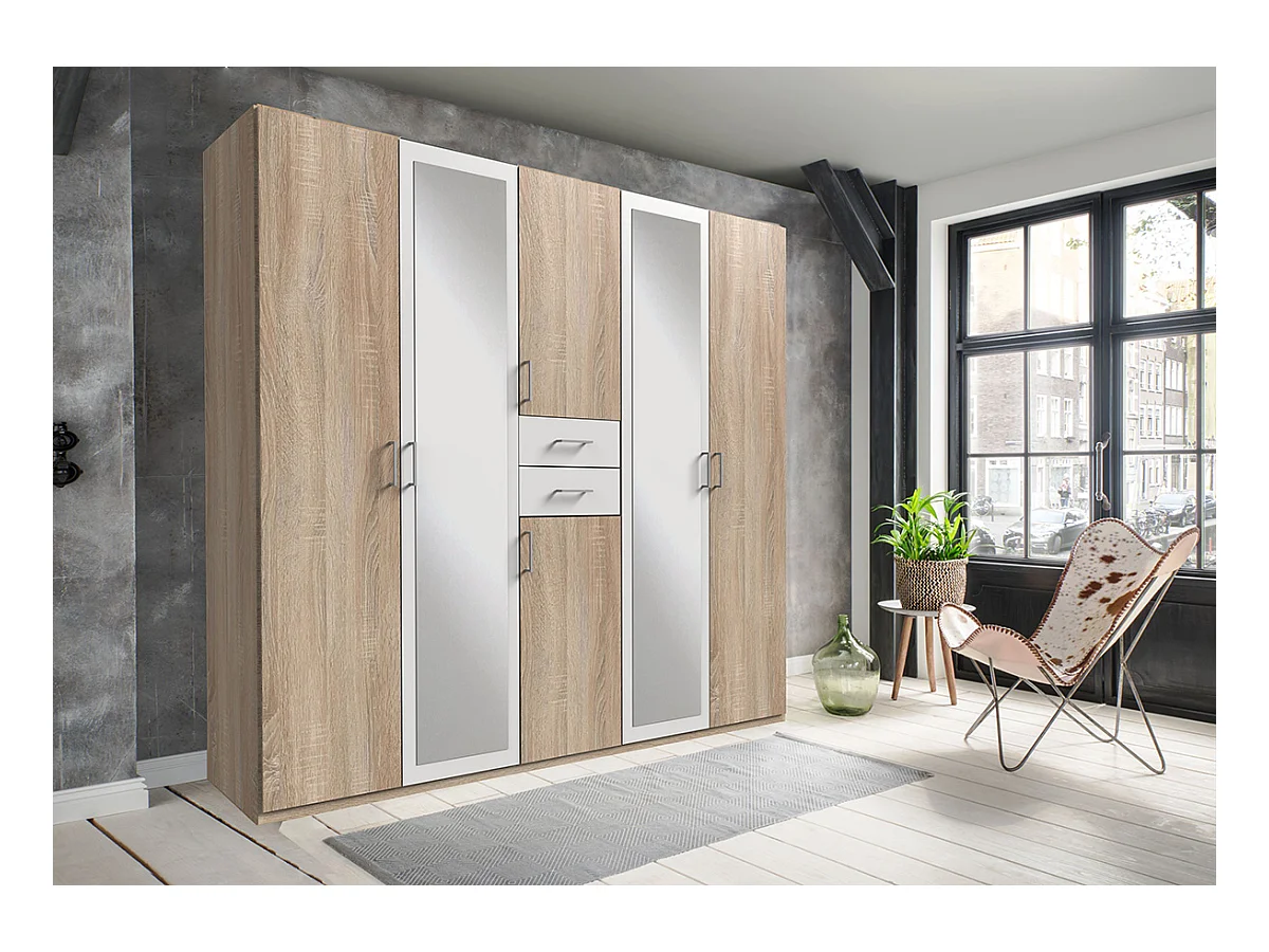 Armoire Placard, meuble de rangement avec 2 miroirs coloris Imitation chêne, blanc -  Longueur  225 x Hauteur 208 x Profondeur 58 cm