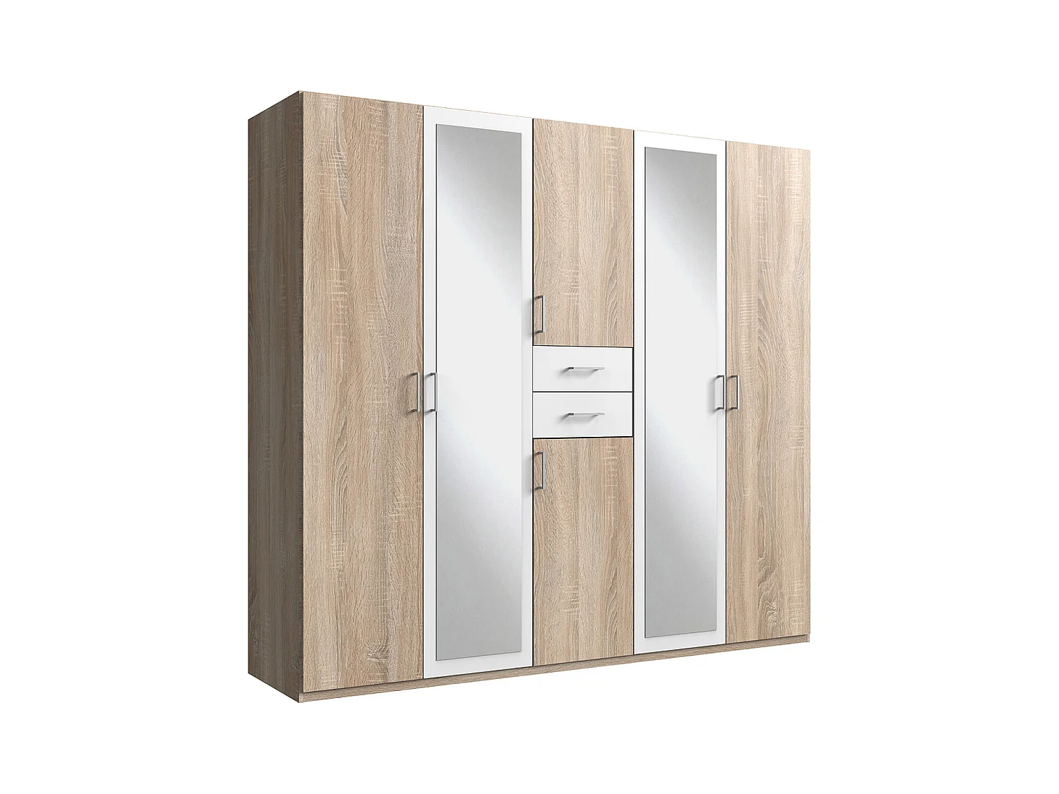 Armoire Placard, meuble de rangement avec 2 miroirs coloris Imitation chêne, blanc -  Longueur  225 x Hauteur 208 x Profondeur 58 cm