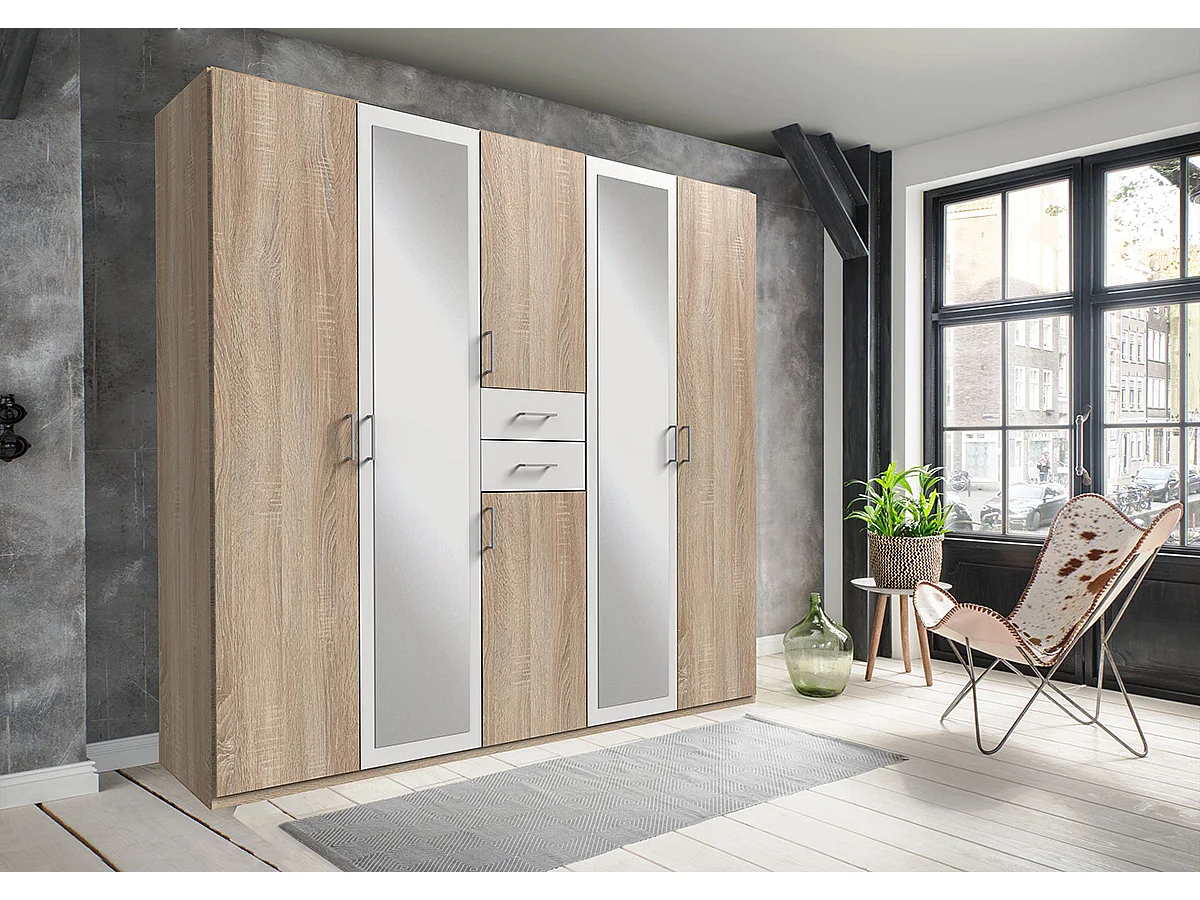 Armoire Placard, meuble de rangement avec 2 miroirs coloris Imitation chêne, blanc -  Longueur  225 x Hauteur 208 x Profondeur 58 cm