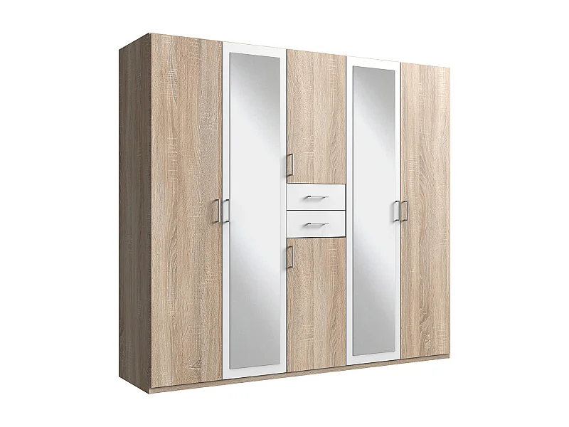 Armoire Placard, meuble de rangement avec 2 miroirs coloris Imitation chêne, blanc -  Longueur  225 x Hauteur 208 x Profondeur 58 cm