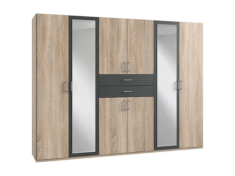 Armoire Placard, meuble de rangement avec 2 miroirs coloris Imitation chêne, rechampis graphite -  Longueur  270 x Hauteur 208 x Profondeur 58 cm