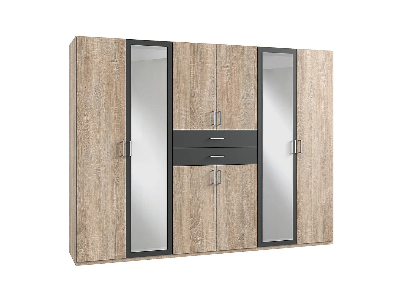 Armoire Placard, meuble de rangement avec 2 miroirs coloris Imitation chêne, rechampis graphite -  Longueur  270 x Hauteur 208 x Profondeur 58 cm