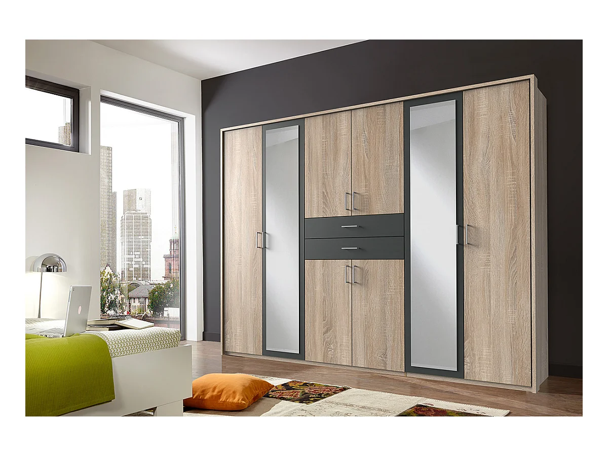 Armoire Placard, meuble de rangement avec 2 miroirs coloris Imitation chêne, rechampis graphite -  Longueur  270 x Hauteur 208 x Profondeur 58 cm