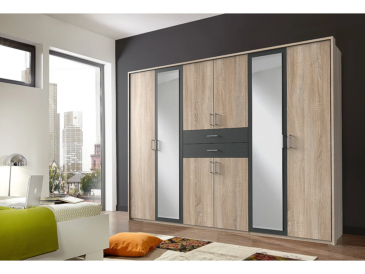 Armoire Placard, meuble de rangement avec 2 miroirs coloris Imitation chêne, rechampis graphite -  Longueur  270 x Hauteur 208 x Profondeur 58 cm