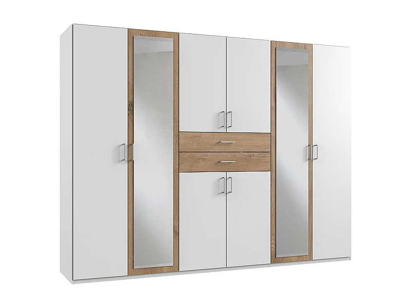 Armoire Placard, meuble de rangement avec 2 miroirs coloris Blanc, rechampis imitation chêne poutre - Longueur  270 x Hauteur 208  x Profondeur 58 cm