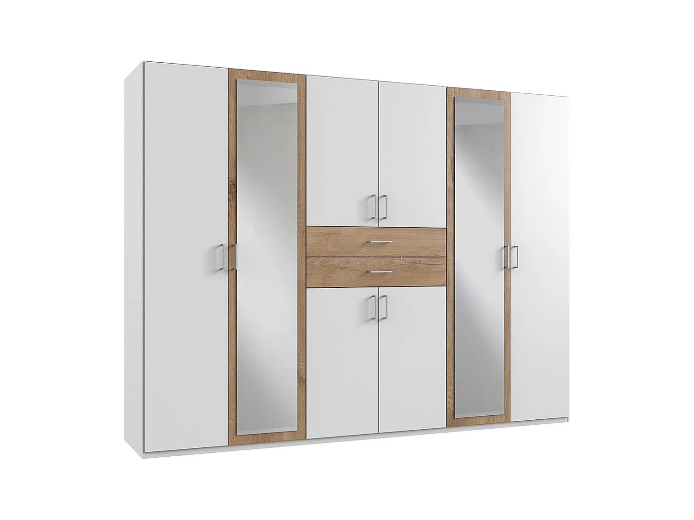 Armoire Placard, meuble de rangement avec 2 miroirs coloris Blanc, rechampis imitation chêne poutre - Longueur  270 x Hauteur 208  x Profondeur 58 cm