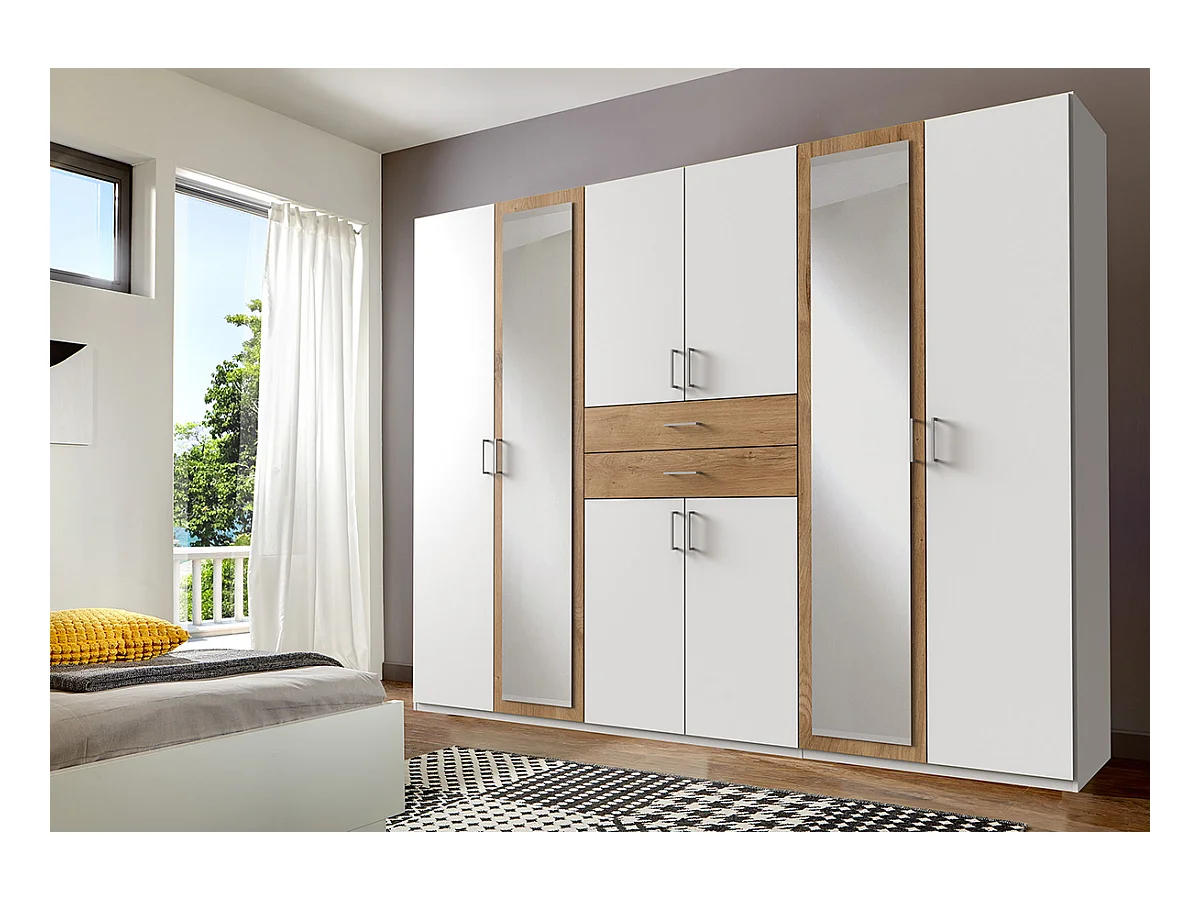 Armoire Placard, meuble de rangement avec 2 miroirs coloris Blanc, rechampis imitation chêne poutre - Longueur  270 x Hauteur 208  x Profondeur 58 cm