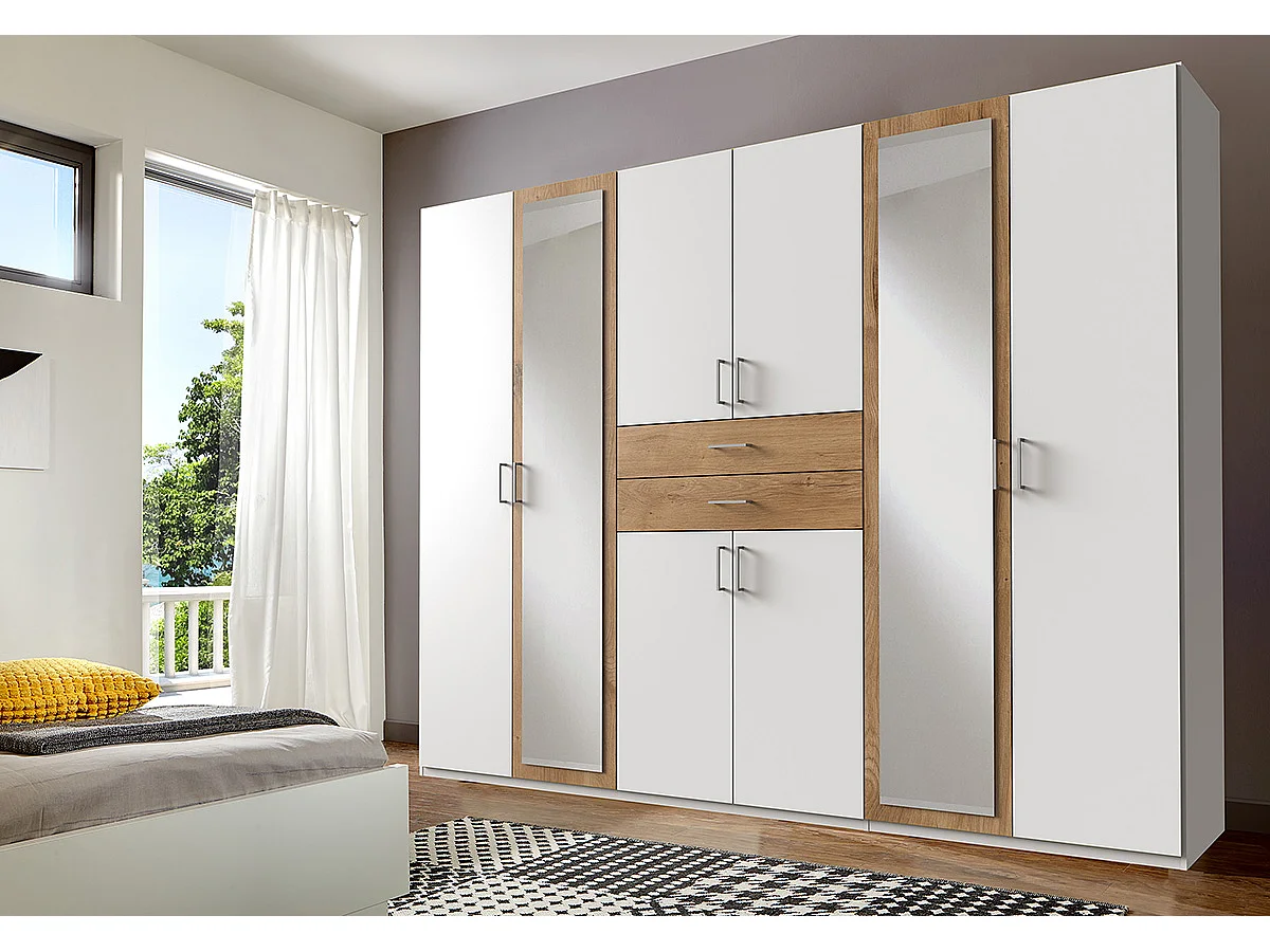 Armoire Placard, meuble de rangement avec 2 miroirs coloris Blanc, rechampis imitation chêne poutre - Longueur  270 x Hauteur 208  x Profondeur 58 cm