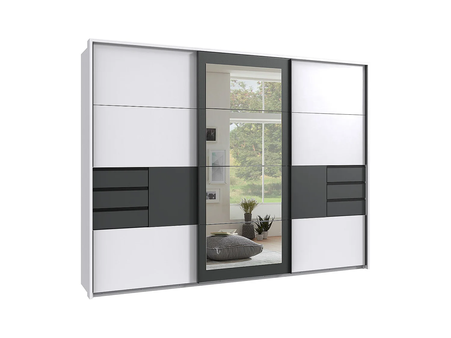 Armoire à portes coulissantes coloris Blanc, rechampis graphite -  Longueur  270 x Hauteur 208 x Profondeur 64 cm