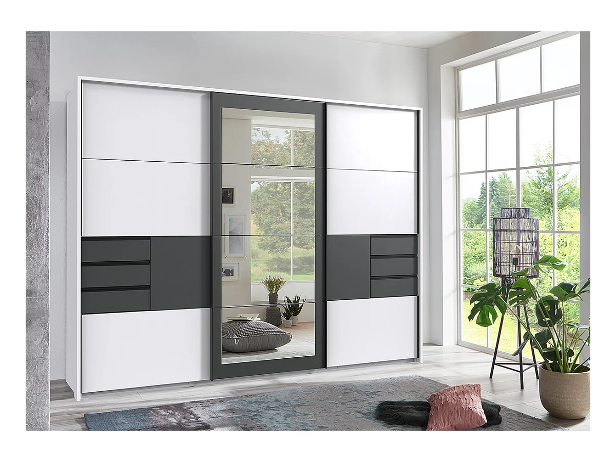Armoire à portes coulissantes coloris Blanc, rechampis graphite -  Longueur  270 x Hauteur 208 x Profondeur 64 cm