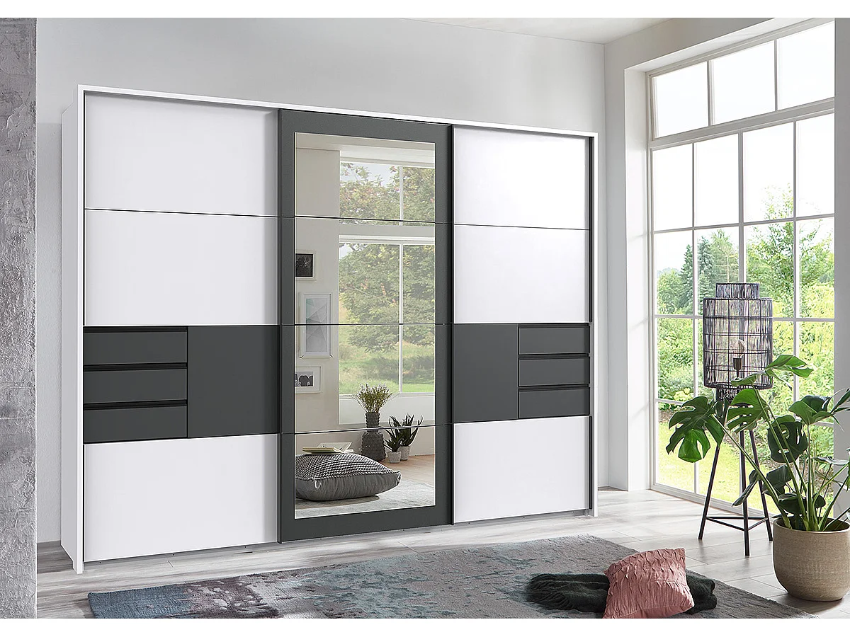 Armoire à portes coulissantes coloris Blanc, rechampis graphite -  Longueur  270 x Hauteur 208 x Profondeur 64 cm