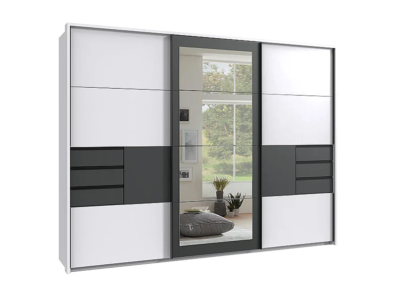 Armoire à portes coulissantes coloris Blanc, rechampis graphite -  Longueur  270 x Hauteur 208 x Profondeur 64 cm
