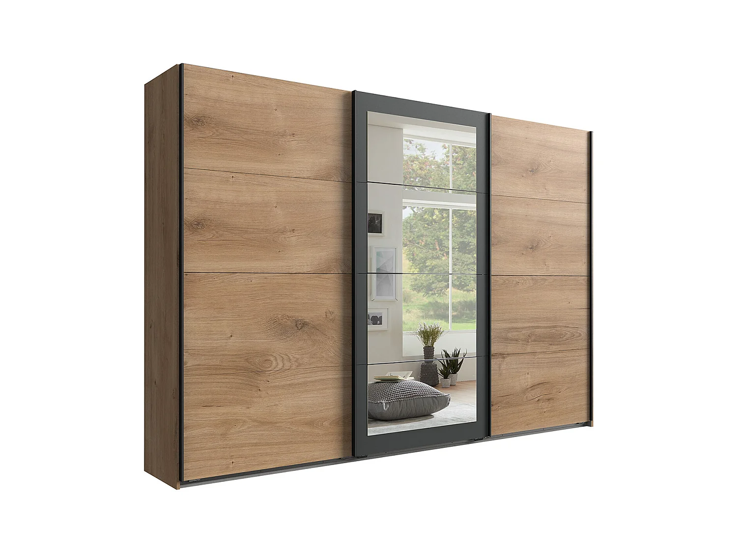 Armoire Placard, meuble de rangement avec 2 miroirs coloris Imitation chêne poutre, rechampis graphite  -  Longueur 270 x Hauteur 208 x Profondeur 58 cm