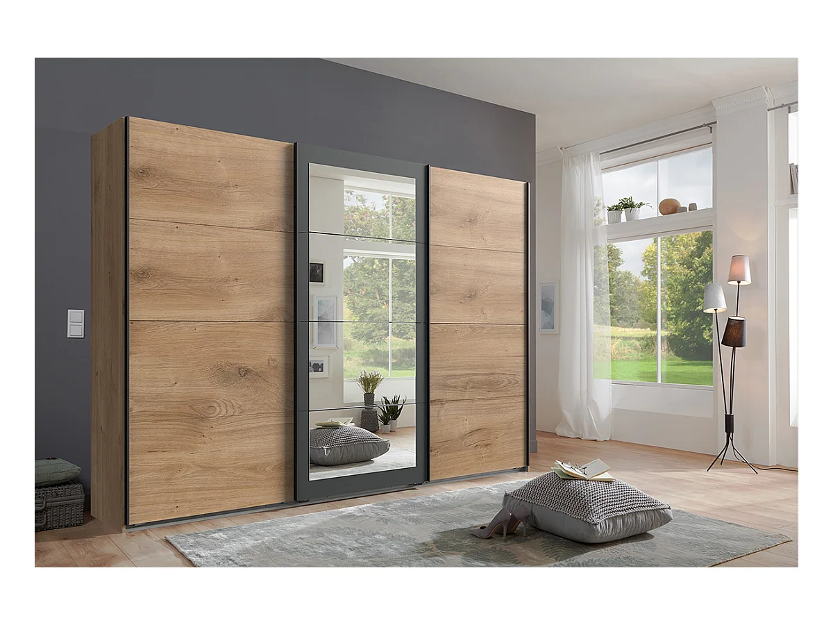 Armoire Placard, meuble de rangement avec 2 miroirs coloris Imitation chêne poutre, rechampis graphite  -  Longueur 270 x Hauteur 208 x Profondeur 58 cm