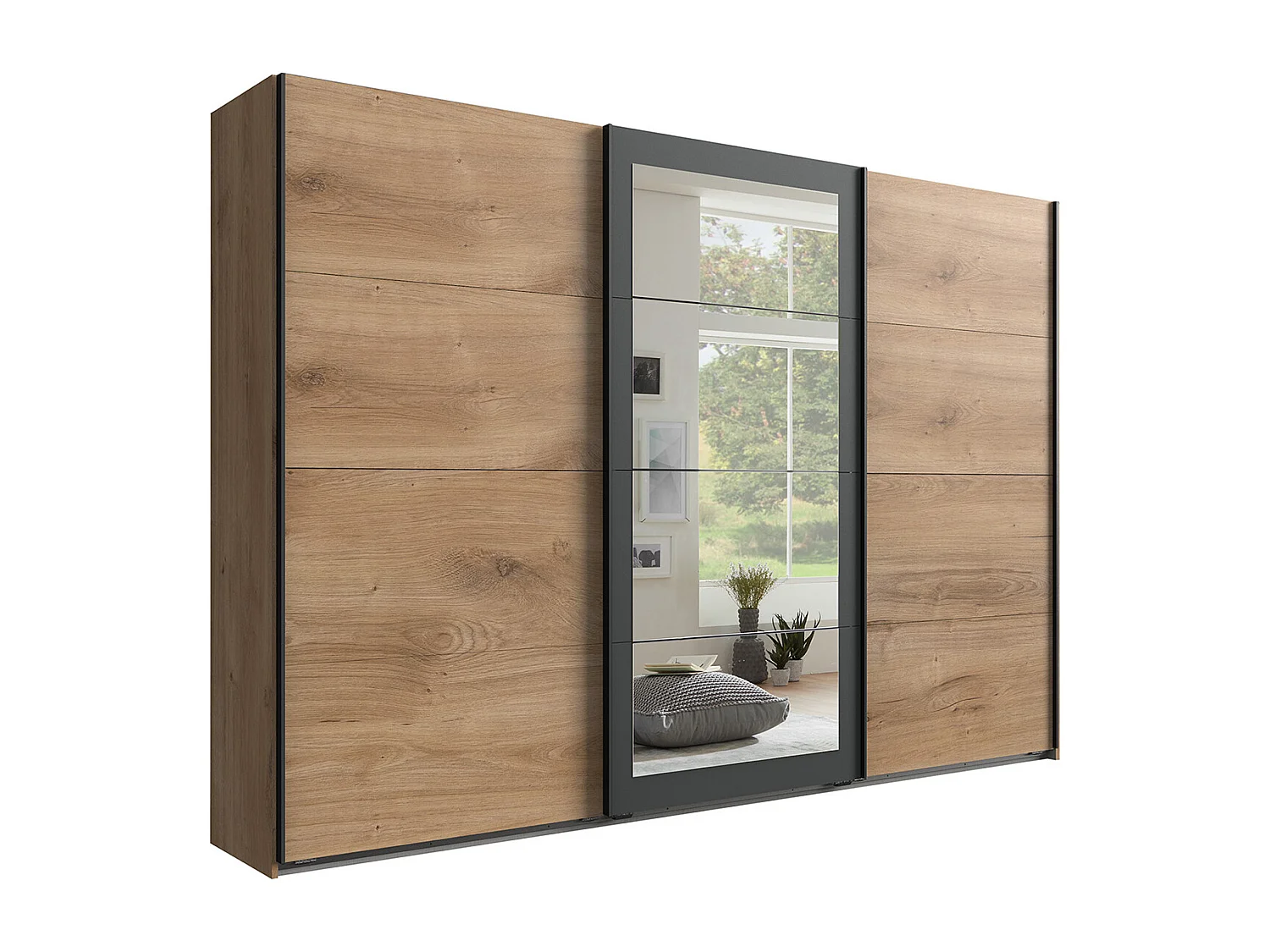 Armoire Placard, meuble de rangement avec 2 miroirs coloris Imitation chêne poutre, rechampis graphite  -  Longueur 270 x Hauteur 208 x Profondeur 58 cm