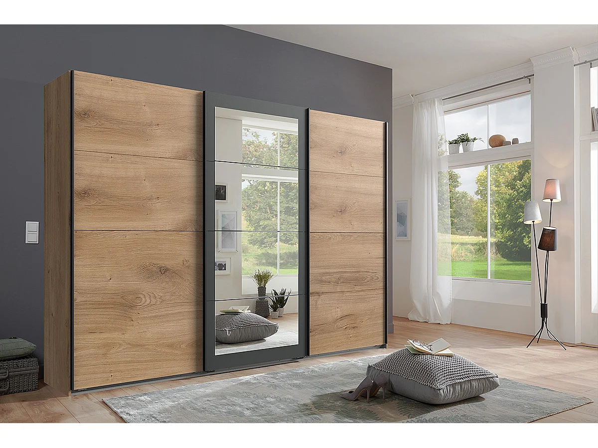 Armoire Placard, meuble de rangement avec 2 miroirs coloris Imitation chêne poutre, rechampis graphite  -  Longueur 270 x Hauteur 208 x Profondeur 58 cm