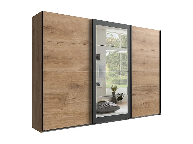 Armoire Placard, meuble de rangement avec 2 miroirs coloris Imitation chêne poutre, rechampis graphite  -  Longueur 270 x Hauteur 208 x Profondeur 58 cm