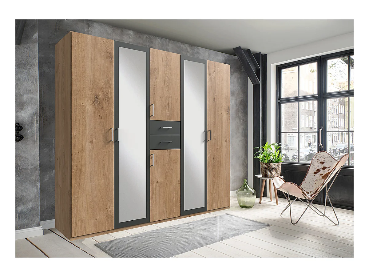 Armoire Placard, meuble de rangement avec 2 miroirs coloris Imitation chêne poutre, rechampis graphite -  Longueur 225 x Hauteur 208  x Profondeur 58 cm