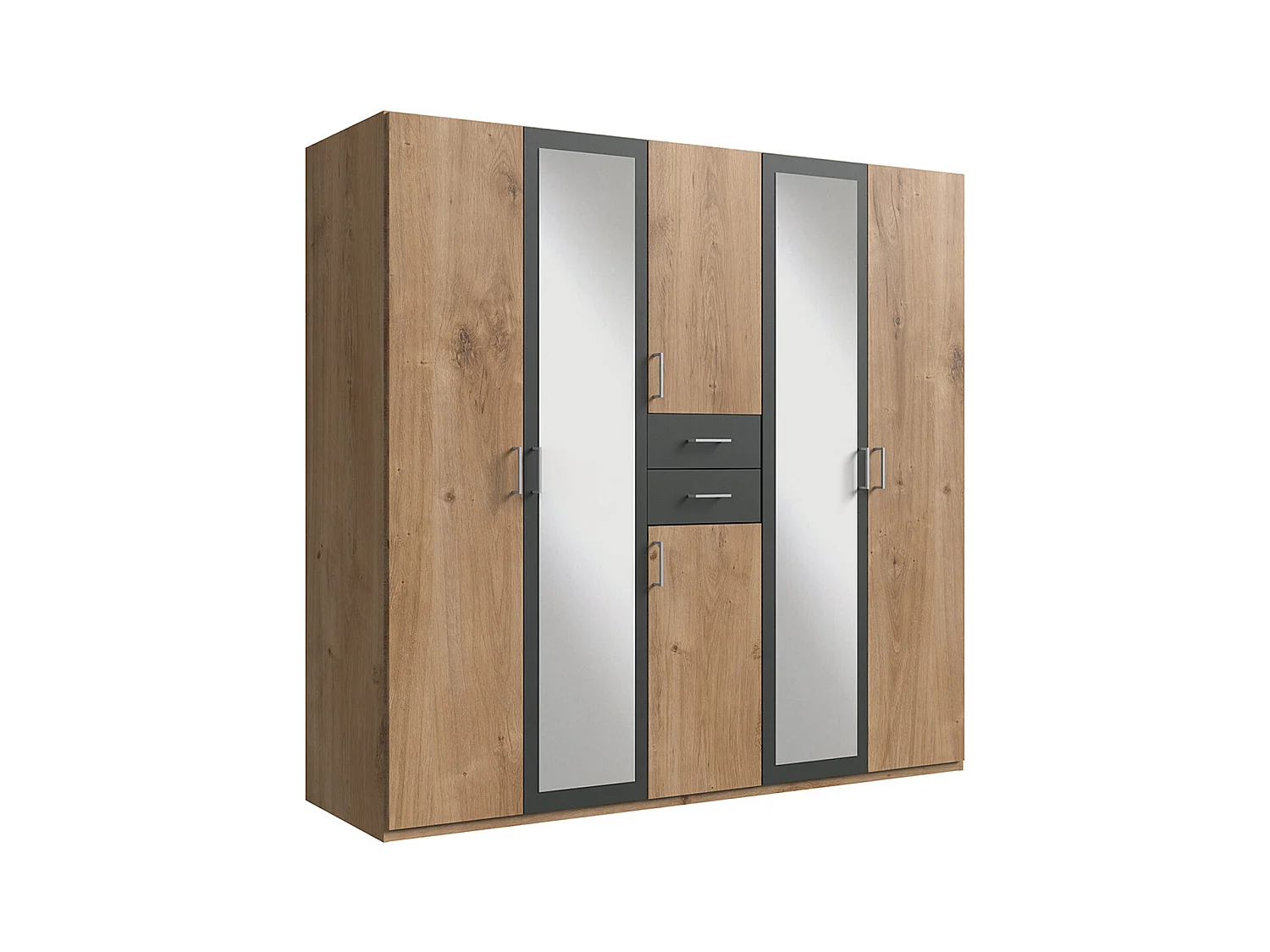 Armoire Placard, meuble de rangement avec 2 miroirs coloris Imitation chêne poutre, rechampis graphite -  Longueur 225 x Hauteur 208  x Profondeur 58 cm