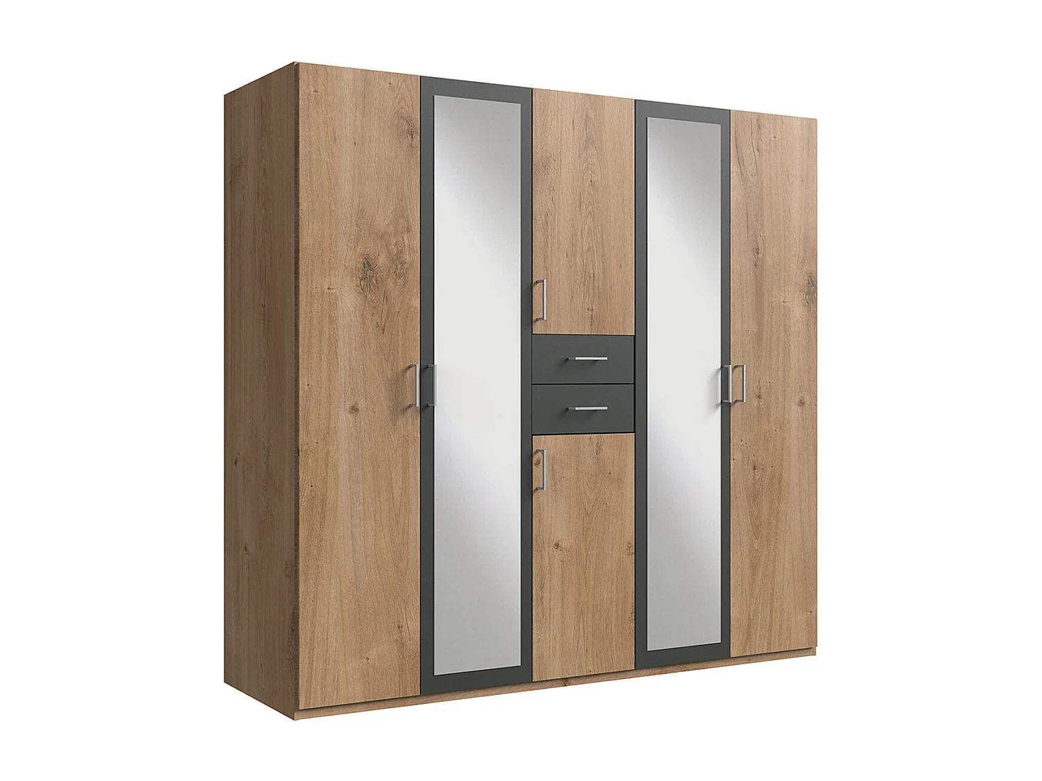 Armoire Placard, meuble de rangement avec 2 miroirs coloris Imitation chêne poutre, rechampis graphite -  Longueur 225 x Hauteur 208  x Profondeur 58 cm