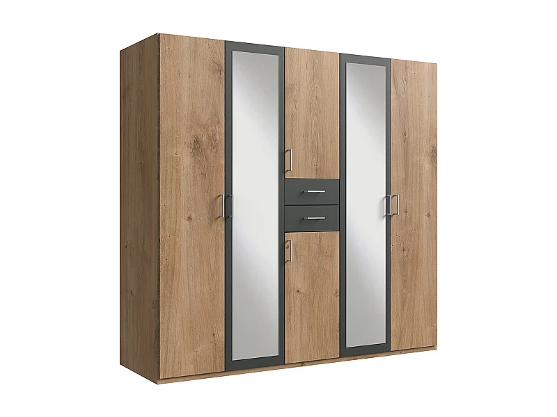 Armoire Placard, meuble de rangement avec 2 miroirs coloris Imitation chêne poutre, rechampis graphite -  Longueur 225 x Hauteur 208  x Profondeur 58 cm