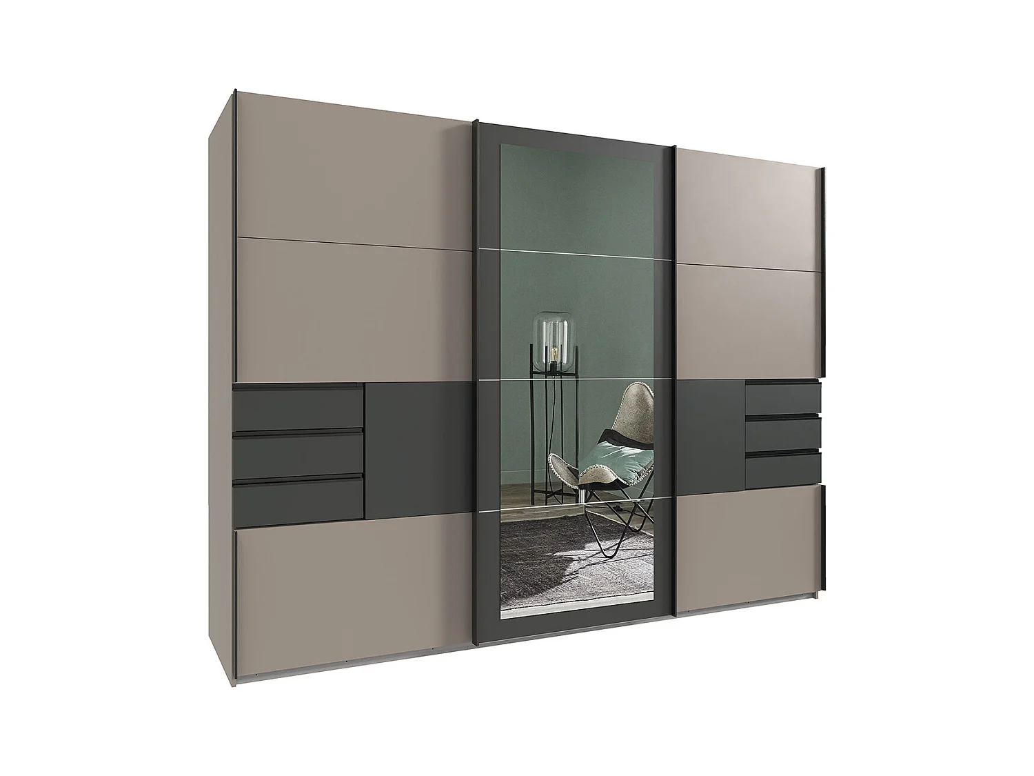 Armoire à portes coulissantes coloris Gris, rechampis graphite -  Longueur  270 x Hauteur 208 x Profondeur 64 cm