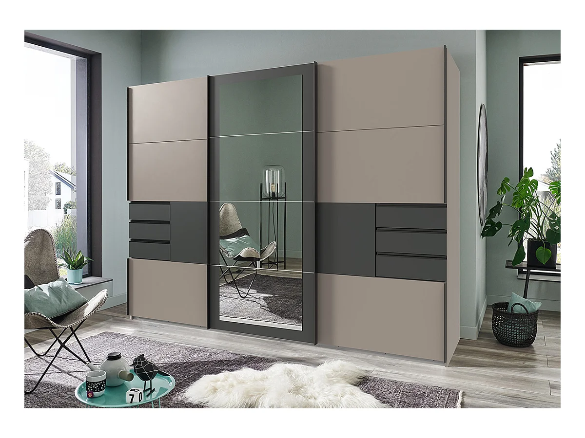 Armoire à portes coulissantes coloris Gris, rechampis graphite -  Longueur  270 x Hauteur 208 x Profondeur 64 cm