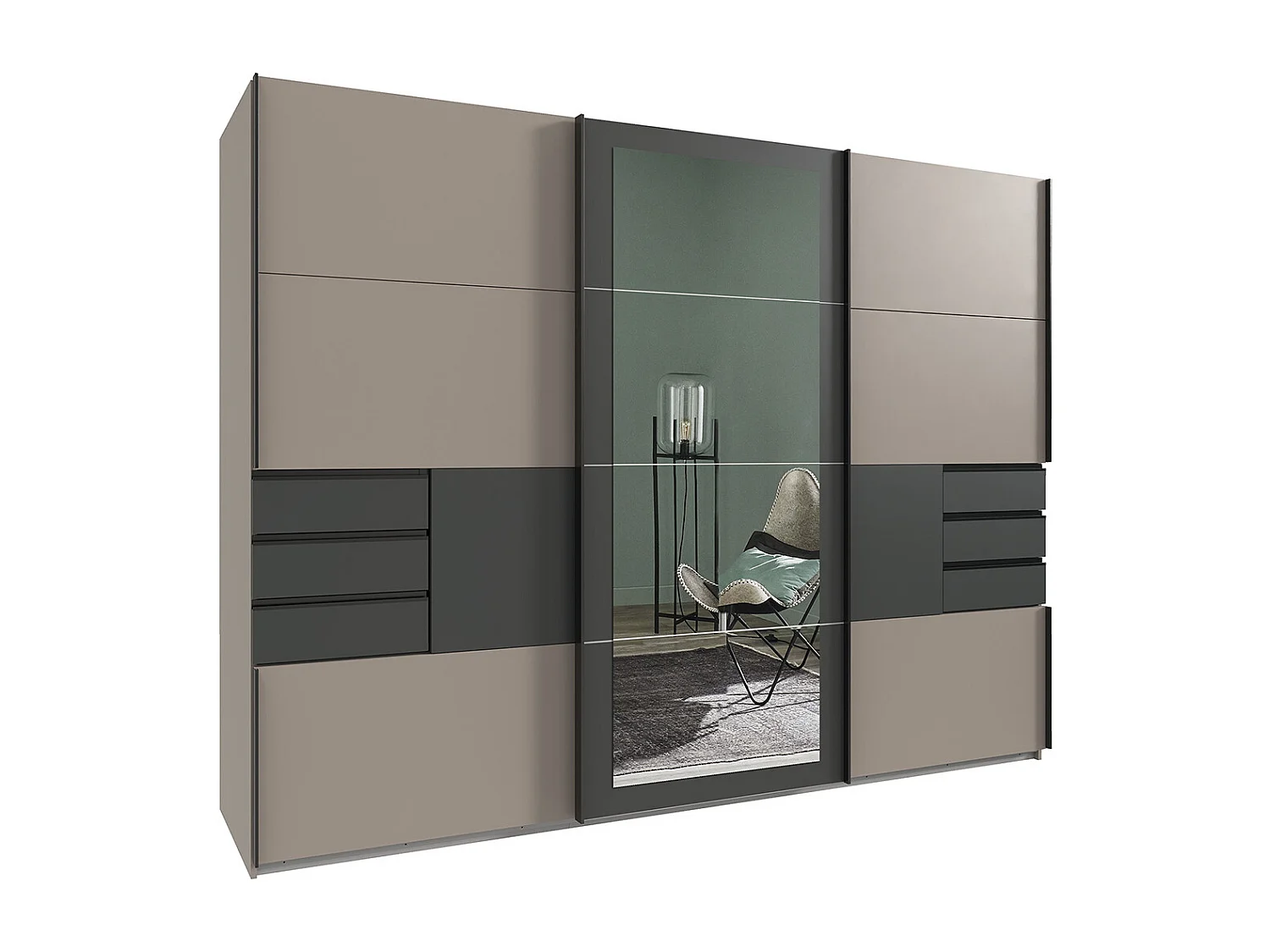 Armoire à portes coulissantes coloris Gris, rechampis graphite -  Longueur  270 x Hauteur 208 x Profondeur 64 cm