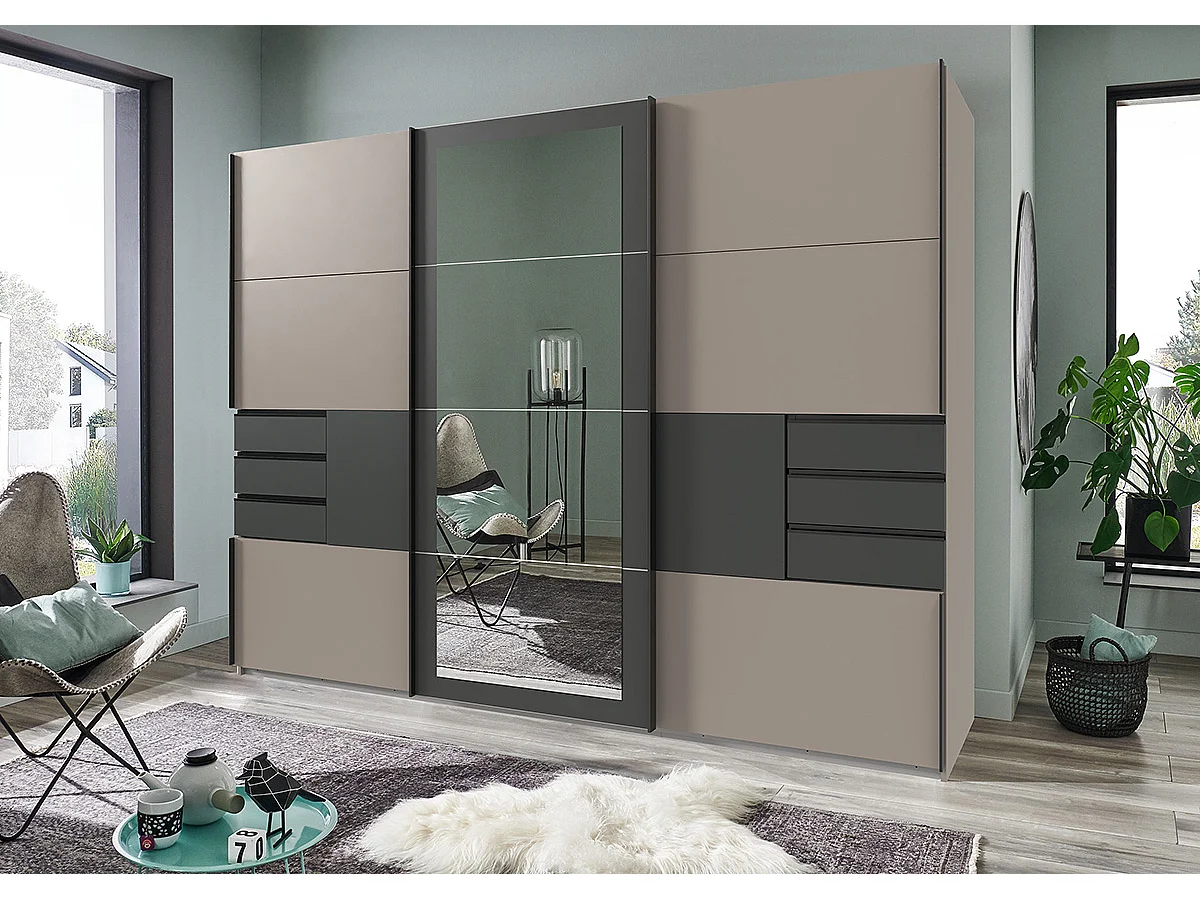 Armoire à portes coulissantes coloris Gris, rechampis graphite -  Longueur  270 x Hauteur 208 x Profondeur 64 cm