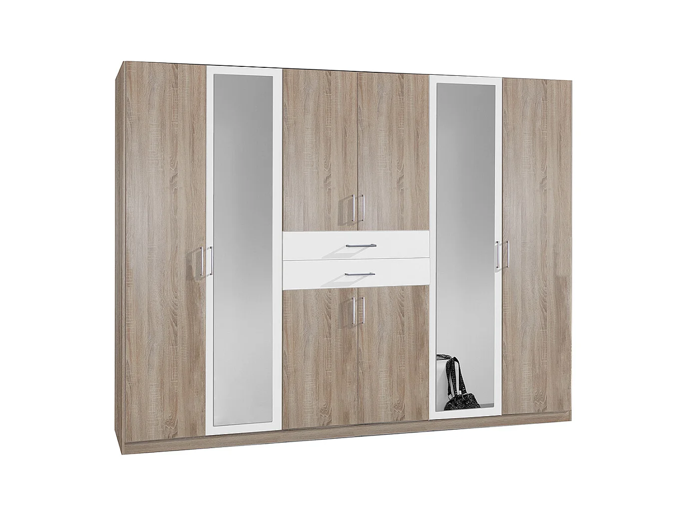 Armoire Placard, meuble de rangement avec 2 miroirs coloris Imitation chêne, blanc -  Longueur  270 x Hauteur 208 x Profondeur 58 cm