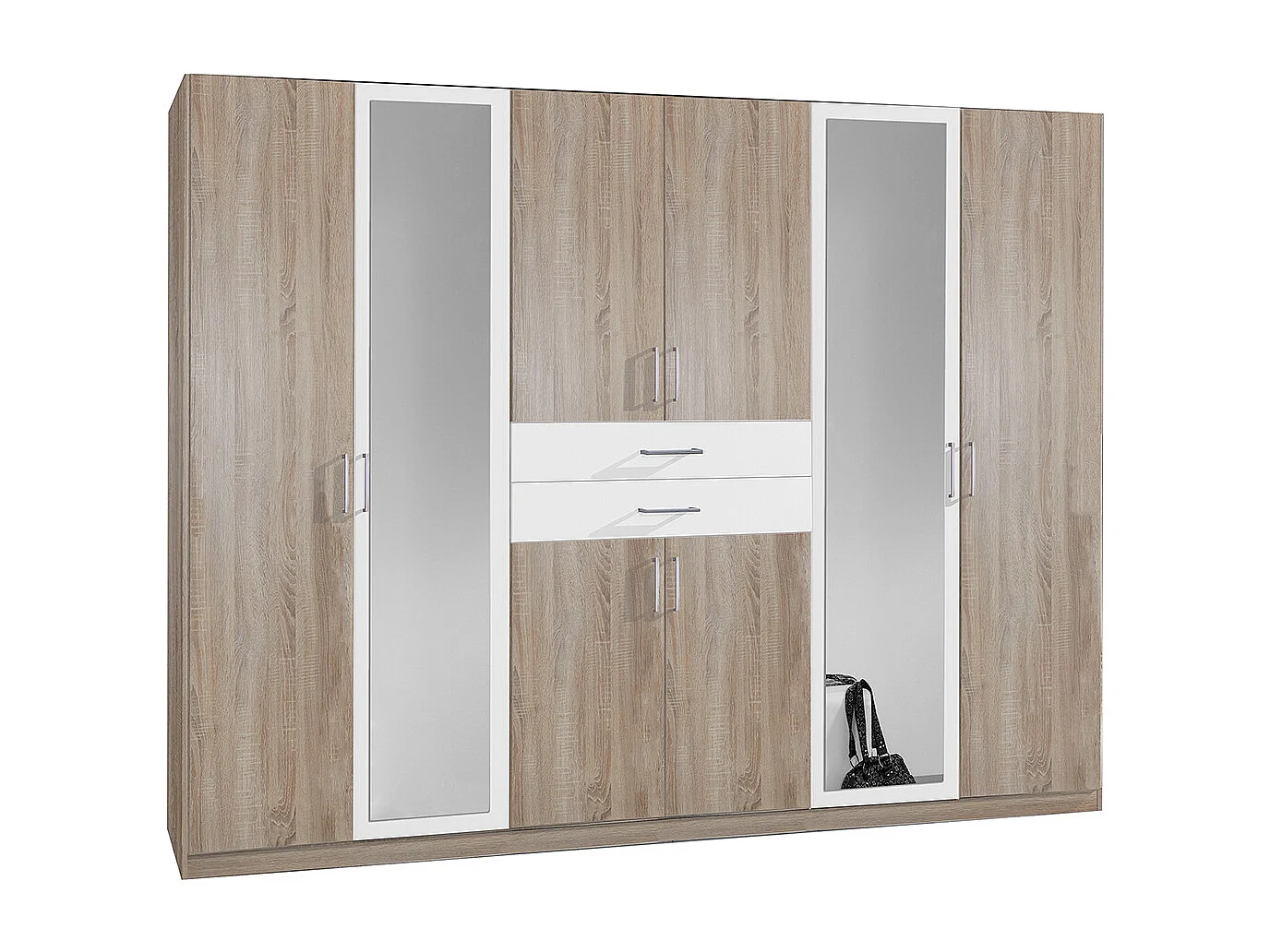 Armoire Placard, meuble de rangement avec 2 miroirs coloris Imitation chêne, blanc -  Longueur  270 x Hauteur 208 x Profondeur 58 cm