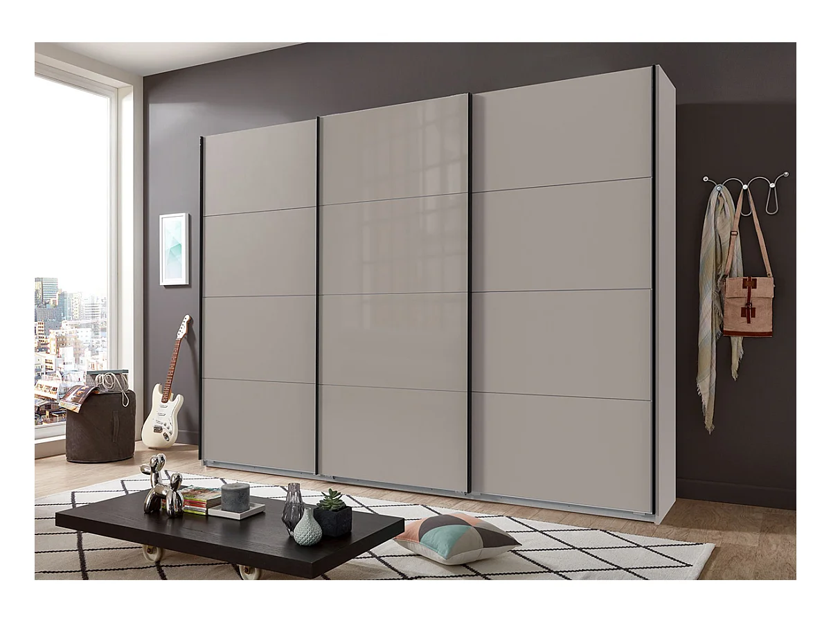 Armoire à portes coulissantes coloris Gris et verre gris,  graphite  -Longueur 270 x Hauteur 208  x Profondeur 65 cm 