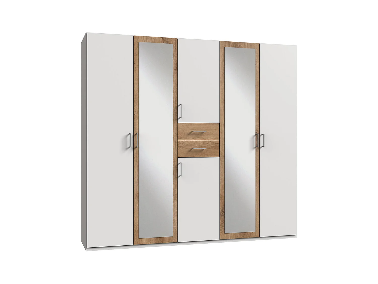 Armoire Placard, meuble de rangement avec 2 miroirs coloris Blanc, rechampis imitation chêne poutre - Longueur  225 x Hauteur 208  x Profondeur 58 cm